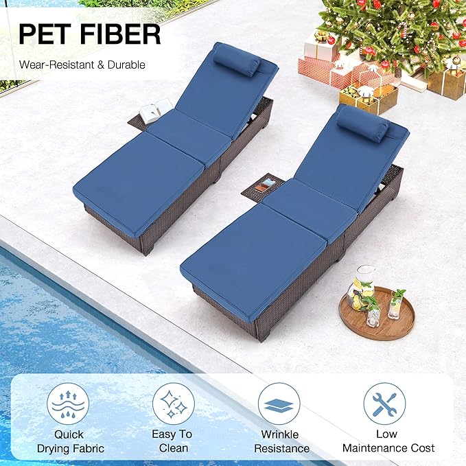 HOMREST PE Wicker Chaise Lounge Chairs Set of 6,Adjustable 5 Position Outside Rattanr Patio Pool Chair with Headrest,Cushion and Storage Rack for Poolside Backyard Porch,Khaki (Blue)
