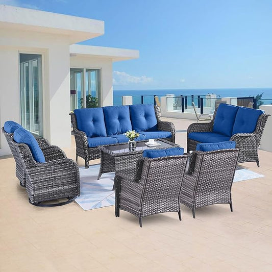 Belord 7 Piece Wicker Patio Furniture Set, Outdoor Swivel Rocker Chairs Set of 2 with Ottomans, 3 Seat Sofa and Loveseat, All Weather Patio Conversation Furniture Set, for Pool,Yard Gray Wicker/Blue