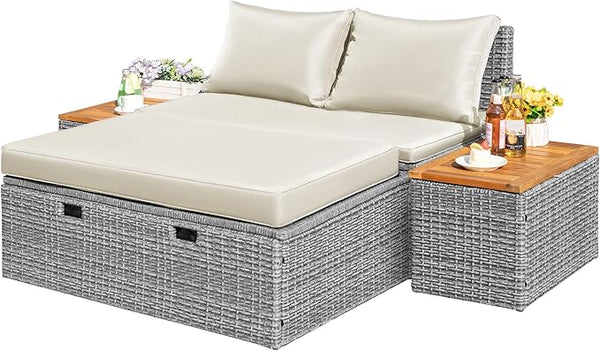Flamaker Outdoor Rattan Daybed with 2 Side Tables, Multifunctional Wicker Patio Sofa with Storage Ottoman, Cushions - Photo 1