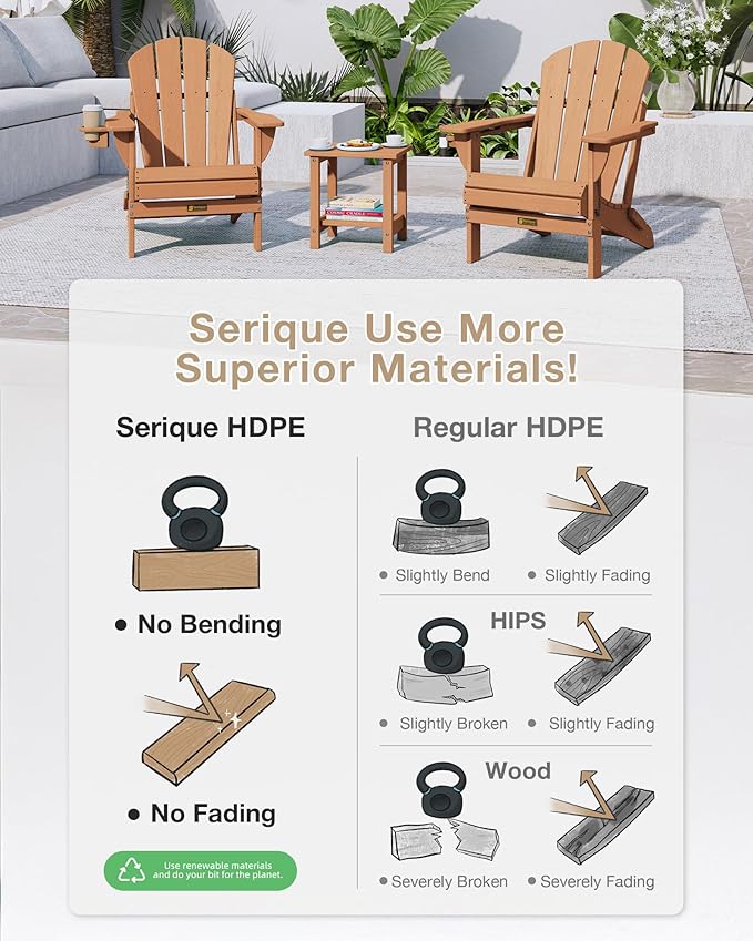 Folding Adirondack Chair, Patio Chair Wood Texture, Outdoor Chair Weather Resistant, Fire Pit Chair with Cup Holder, Composite Adirondack Chair Set of 4(Teak)