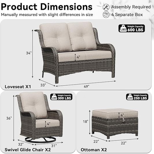 5 Piece Outdoor Wicker Patio Furniture Set, Outdoor Swivel Rocker Patio Chairs Set with Thickened Olefin Cushions, High Back and Deep Seating, Hand-Woven PE Rattan for Porch, Deck