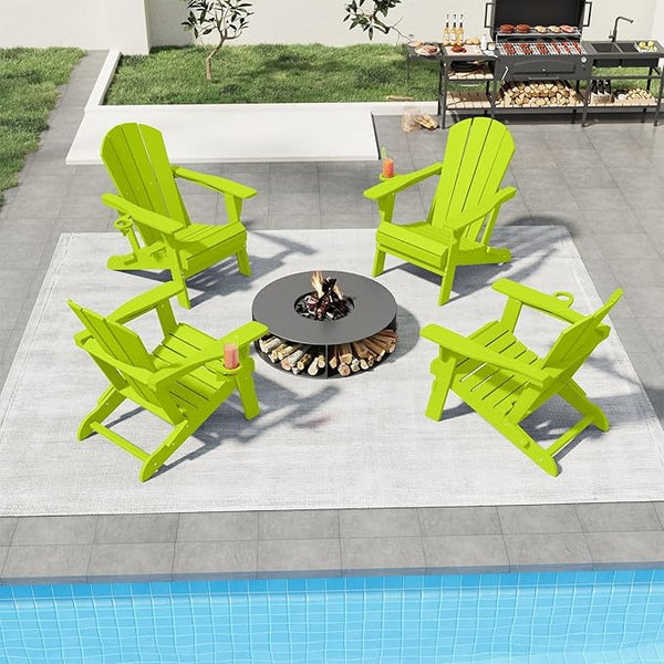 Folding Adirondack Chairs with Cup Holders, Set of 4 HDPE Plastic Outdoor Chairs, Weather Resistant, Real Wood Look - Photo 1