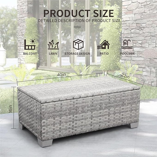 WAROOM Patio Coffee Table PE Wicker Ourdoor Storage Table, All Weather Resin Rattan Table with Storage for Garden Backyard Porch Poolside, Grey