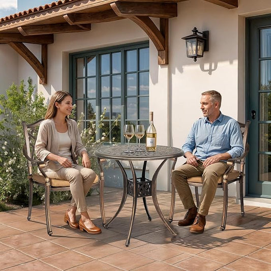 Outvita Patio Side Table, 30.7in Outdoor Round Cast Aluminum Bistro Table with Umbrella Hole and Antique Design for Backyard Porch Pool Balcony Deck Bronze
