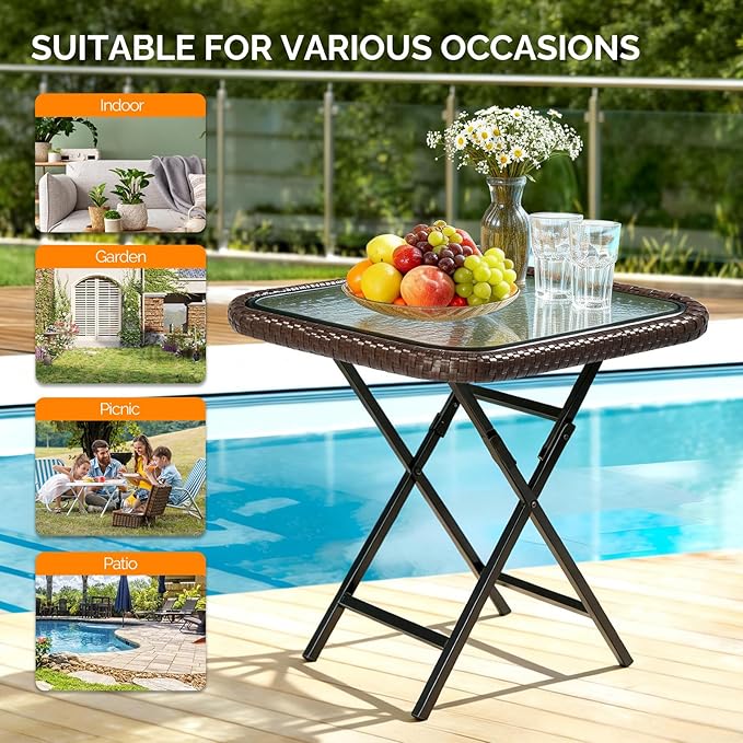 VINGLI 23.6in Modern Brown Rattan Folding Glass Outdoor Side Table, Small Patio Table with Tempered Glass Top,Rectangular,1 Pack