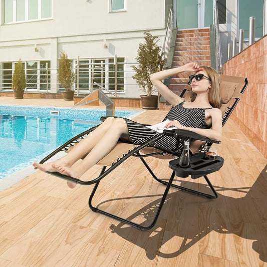 Giantex Zero Gravity Reclining Chair, Outdoor Patio Recliner with Cup Holder & Removable Pillow, Adjustable Backrest, Indoor Lounge Chair for Backyard, Garden, Poolside (Tan)