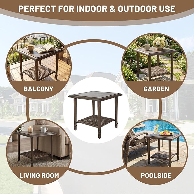 Loungewave Square Outdoor Side Table, 2-Tier Storage Patio Side Table, 20in Wicker Rattan Coffee Table, Metal End Table, Indoor Outdoor Wicker Small Table for Patio, Pool, Porch (Brown)