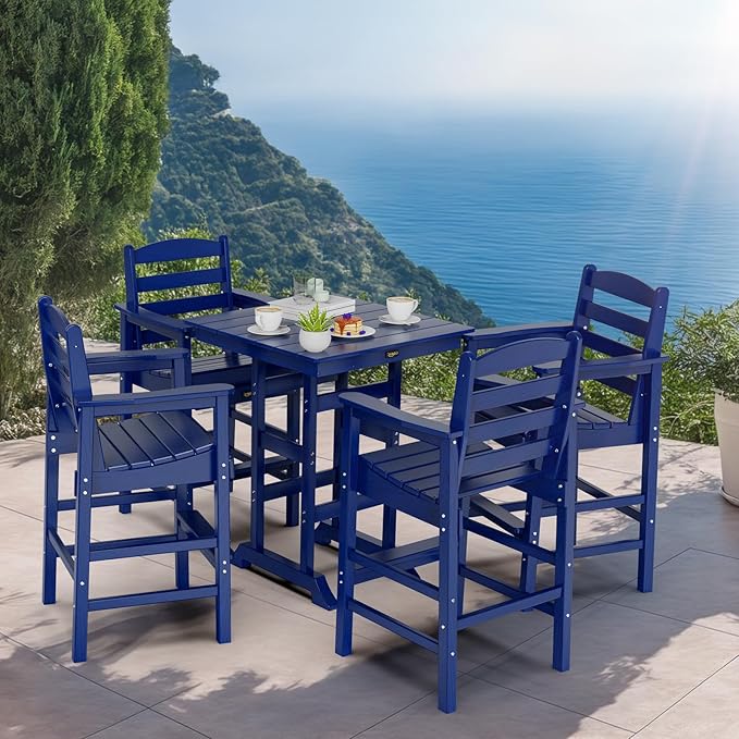 VINGLI Outdoor Bar Stools Set of 2, HDPE All-Weather Patio Bar Height Chairs Heavy-Duty Tall Adirondack Chairs for Backyard, Porch, Balcony and Poolside (Navy Blue)