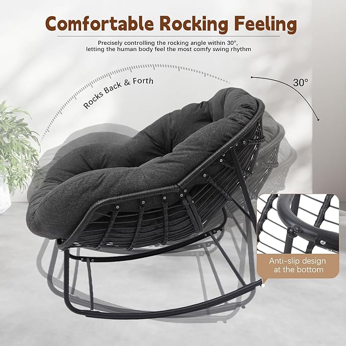 Oversized Rattan Rocking Chair Outdoor, Papasan Chair Rocking, Outdoor Rocking Chair with Padded Cushion, Outdoor Wicker Rocking Chair for Front Porch, Garden, Patio (Dark Grey)