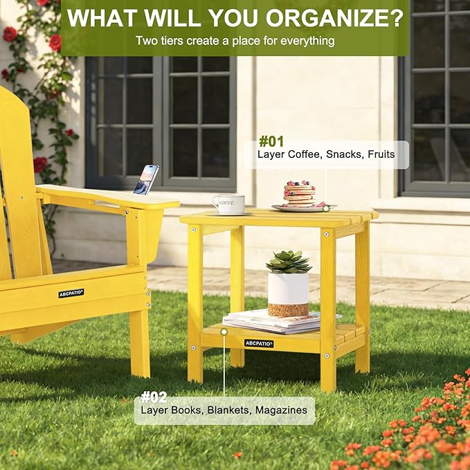 Outdoor Side Table HDPE Small Outdoor End Table Patio Side Tables Square for Backyard Pool Porch Balcony Double Layer Storage, Yellow (Wood Grain Finish)
