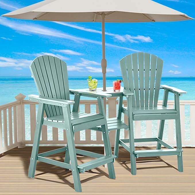 Tall Adirondack Chairs Set of 2, HDPE Balcony Chair with Double Connecting Tray, Weather Resistant Outdoor Adirondack Bar Stools for Patio, Deck, Patio, Backyard, Balcony.(Lake Blue)