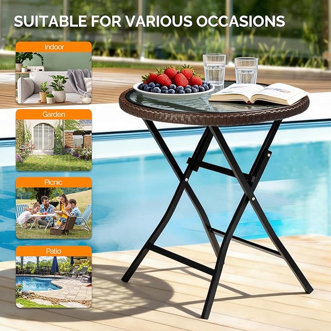 VINGLI 23.6in Modern Brown Rattan Folding Glass Outdoor Side Table, Small Patio Table with Tempered Glass Top,Round,1 Pack