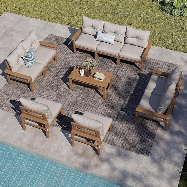 Teak HDPE Outdoor Patio Furniture Set, 10-Piece Patio Conversation Sets with Coffee Table & Washable Thick Cushions - Photo 1