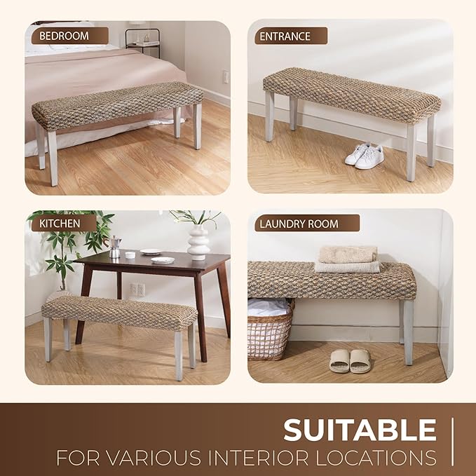 Solid Wood Acacia Indoor Bench with Natural Woven Seat, Wood Bench for Living Room or Entryway, Vintage Bench (Fishbone Style, Water Hyacinth) (Plait Style - Grey Leg, Water Hyacinth)