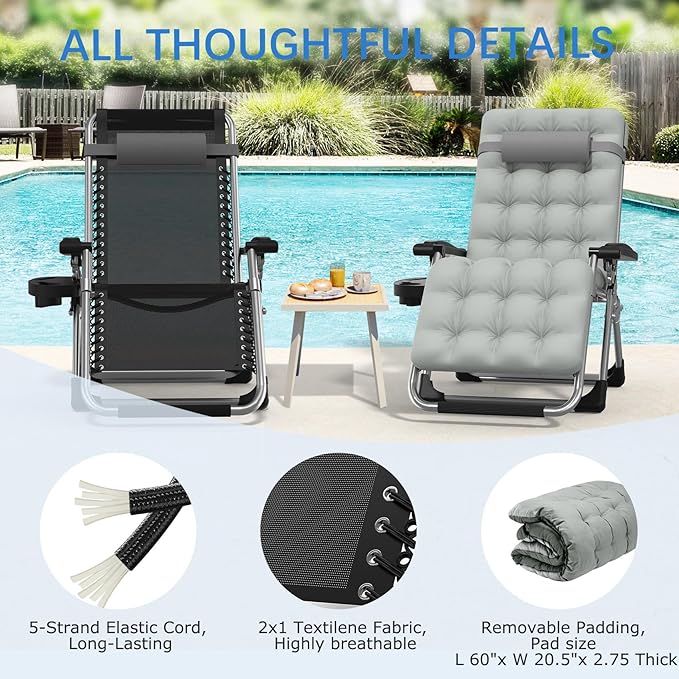 Slendor Zero Gravity Chair, Zero Gravity Lounge Chair with Upgraded Lock and Removable Cushion, Reclining Camping Chair with Cup Holder, Headrest for Indoor Outdoor, Gray