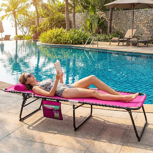 Giantex Patio Lounge Chairs for Outside - Folding Tanning Chair w/Headrest, 4 Adjustable Positions, Side Pocket, Outdoor Chaise Lounge for Camping, Pool, Sunbathing Beach Chair, Pink