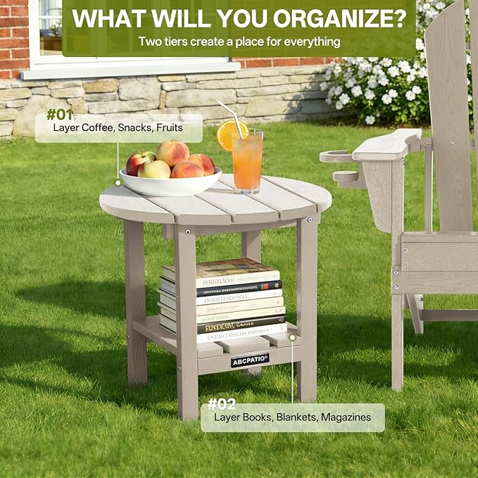 Outdoor Side Table Round - Patio Side Tables - HDPE Small Outdoor End Table for Backyard Pool Porch Balcony - Double Layer Storage - Sand (Wood Grain Finish)