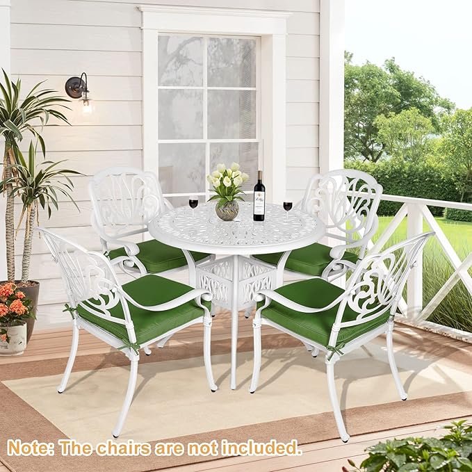 Outdoor Cast Aluminum Patio Table, 35.4” Round Bistro Table with 2” Umbrella Hole for Patio Furniture Garden Deck Backyard, White