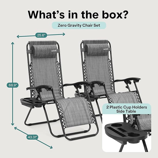 SereneLife Zero Gravity Chairs Set of 2 - Adjustable Steel Mesh Lawn Chairs - Outdoor Lounge Chairs with Detachable Cup Holder Tray - Foldable Outdoor Chair with Removable Pillows - Grey