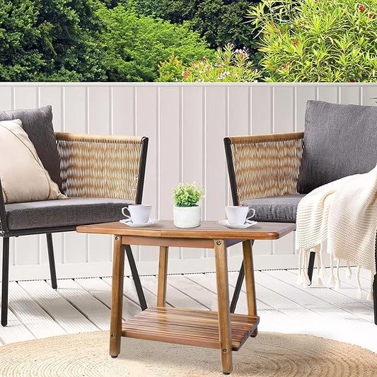 ENKEZI Acacia 24 Inches Outdoor Side Table, 2-Tier Sturdy Patio, End Table Weather Resistant, Strong Stability Side Table for Patio, Pool, Porch, Teak Finish (Modern Brown)