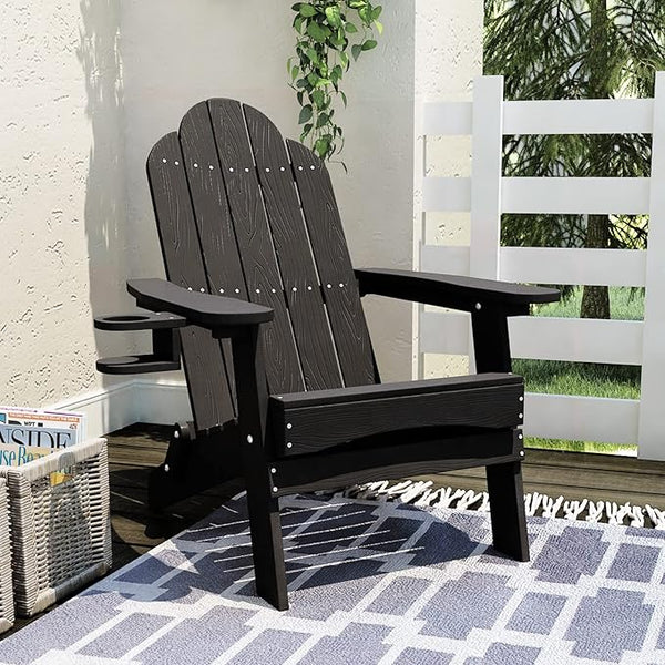 LUE BONA Folding Adirondack Chair, Cup Holder, Woodgrain, Fire Pit, Patio, Pool, Black - Photo 1