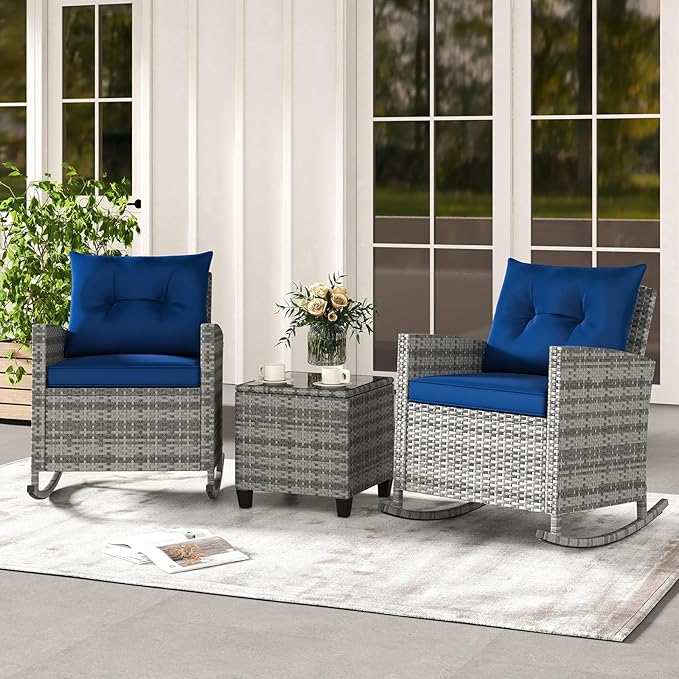 Tangkula 3 Piece Wicker Rocking Set, Patio Rattan Roker Chairs with Tempered Glass Table & Soft Cushions, Outdoor Furniture Set for Backyard, Poolside Porch (Mix Gray & Navy)