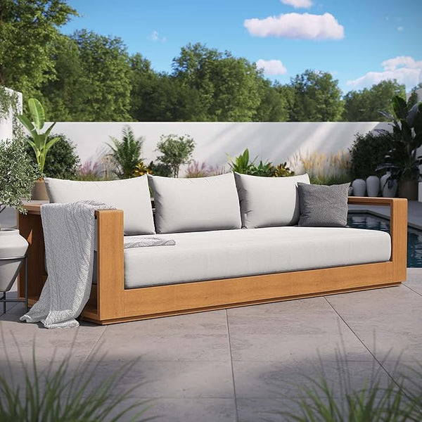 Modway Tahoe Acacia Wood Outdoor Patio Sofa in Natural Light Gray with Weather-Resistant Cushions - Ideal as a Porch - Photo 1