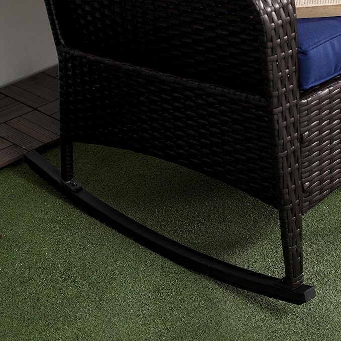 Outsunny Outdoor Wicker Rocking Chair with Wide Seat, Thick Cushions, Rattan Rocker with Steel Frame, High Weight Capacity for Patio, Garden, Backyard, Dark Blue