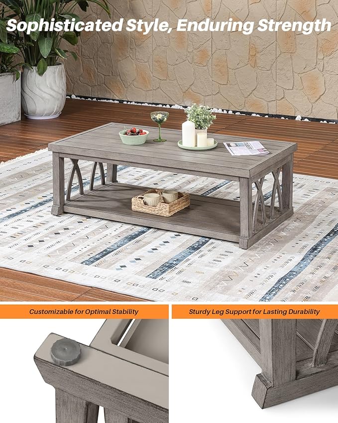 Aluminum Outdoor Coffee Table, 46" Rectangular Patio Coffee Table with Double Storage, Waterproof Aluminum Patio Furniture Tables with Adjustable Feet for Garden, Deck, Porch, Limed Oak