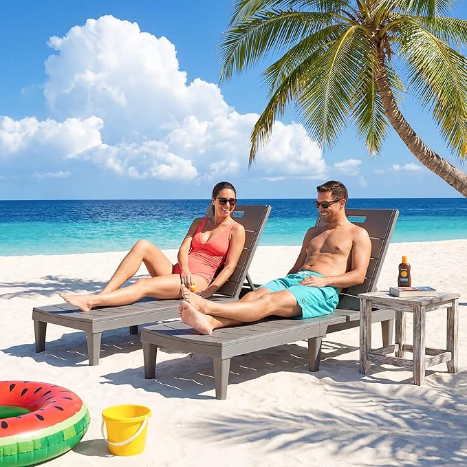 Greesum Outdoor Chaise Lounge Chair Set of 2, Waterproof 5-Position Adjustable PP Sun Loungers for Patio, Poolside, and Beach Sunbathing, Light Coffee
