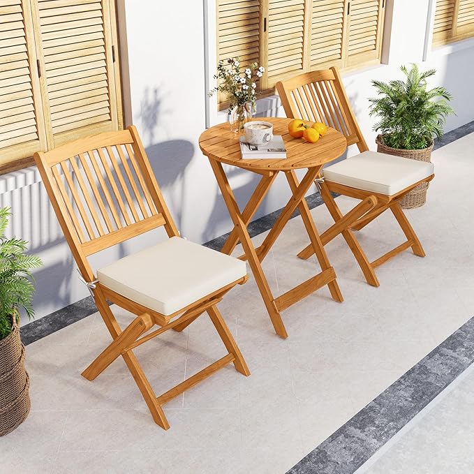 Tangkula 2 Pieces Folding Outdoor Dining Chairs, Acacia Wood Patio Chairs with Soft Cushions, Slatted Backrests and Seats, Outdoor Chairs for Porch, Balcony, Deck and Yard (One-Size,Beige,2)