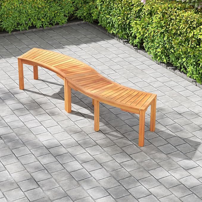 Moccha Outdoor Curved Bench, Acacia Wood Fire Pit Bench w/Slatted Seat, Loveseat, Outside Chair, Patio Backless 2-Person Seating for Balcony Yard Deck Porch 800 LBS Max Load (2, Natural)