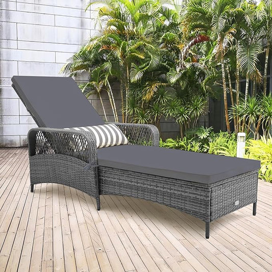 Tangkula Wicker Chaise Lounge Outdoor, Patio Rattan Reclining Chaise with 6-Gear Adjustable Backrest, Thick Padded Cushion & Removable Lumbar Pillow, Pool Lounge Chairs (1, Mix Grey + Grey)