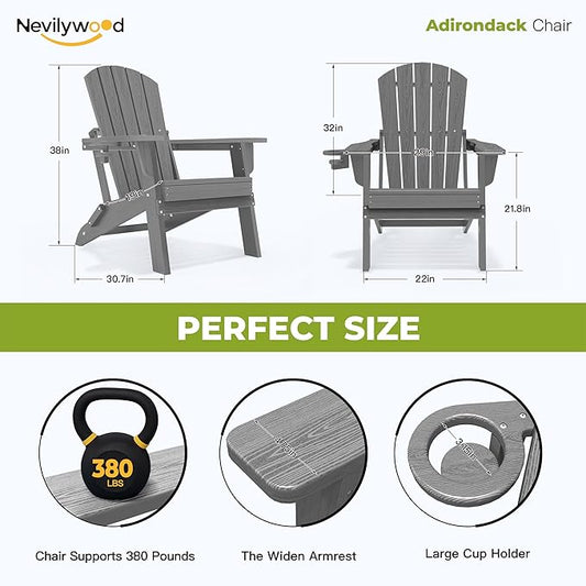 nevilywood HDPE Foldable Fire Pit Chairs Set of 2 with Cup Holders, Durable Faux Wood Look, Perfect for Patio, Backyard & Outdoor Gatherings, Grey