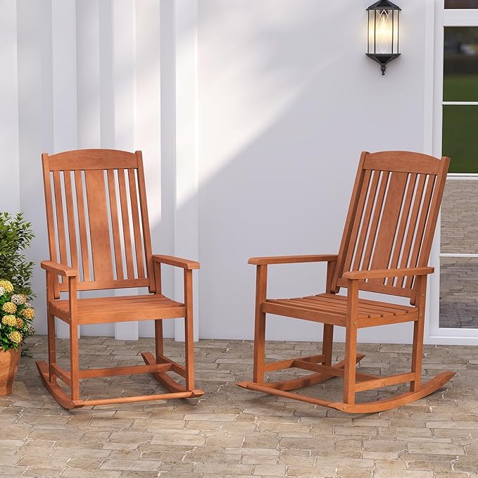 Tangkula Outdoor Patio Wood Rocking Chair, Relaxing Rocker w/High Backrest, Wide Armrests, Curved Seat, for Porch, Patio, Garden, Backyard, 400 LBS Support, Natural (1)