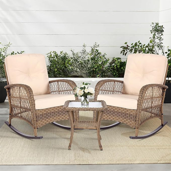 MEETWARM 3 Pieces Outdoor Wicker Rocking Chair Set - Photo 1