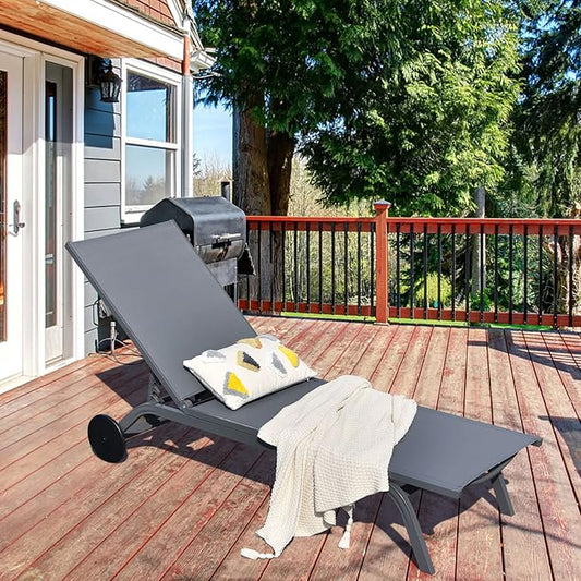 Tangkula 2 Pieces Outdoor Aluminum Chaise Lounge, Patio Lounge Recliner Chair w/6 Adjustable Backrest, Reclining Chaise Chair with Wheels for Beach, Yard, Balcony, Poolside (2, Gray)