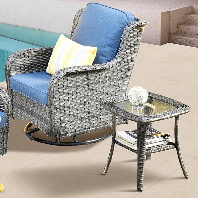 ovios Outdoor Patio Side Table with Tempered Glass Top Wicker Coffee Tables for Garden Porch Yard Deck Balcony, Grey Rattan