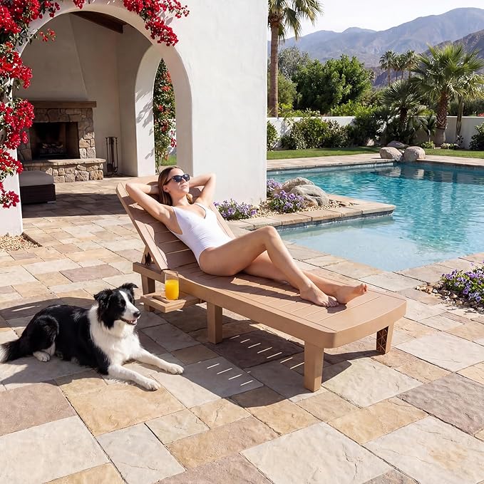 Outdoor Chaise Lounge Set of 2, 5-Position Adjustable Sun Lounge w/Pull-Out Tray, Waterproof PP Lounge Chairs for Outside, Lounge Chairs for Poolside, Patio, Beach, Yard in All Weather,Brown