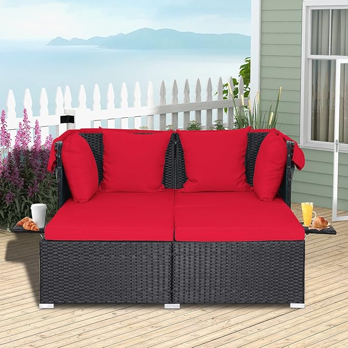 RELAX4LIFE Patio Outdoor Daybed with Canopy, Wicker Sunbed w/Cushions, 4 Pillows & 2 Retractable Side Trays, 2-Person Lounge Bed Conversation for Poolside Porch Garden, Rattan Outdoor Bed (Red)
