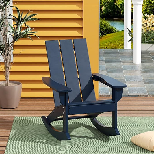 WestinTrends Ashore Patio Rocking Chair, All Weather Poly Lumber Plank Adirondack Rocker Chair, Modern Farmhouse Outdoor Rocking Chairs for Porch Garden Backyard and Indoor, Navy Blue