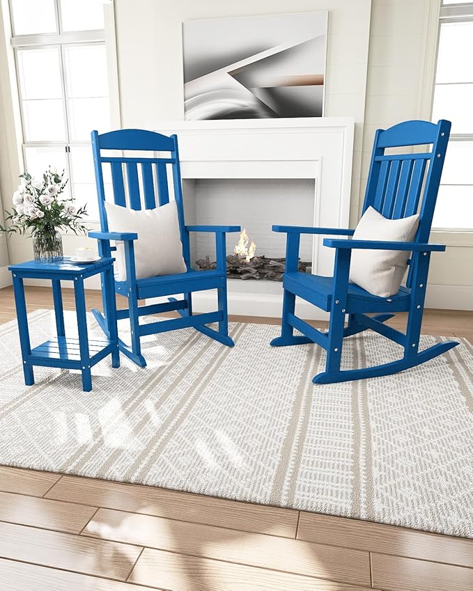 Outdoor Rocking Chairs Set of 4, Oversized High Back Patio Rocking Chairs, All Weather Porch Rocking Chairs for Outside. Pacific Blue