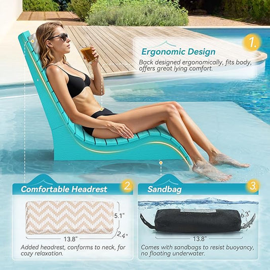 HDPS Pool Lounge Chairs, Use in Pools Lounge Chairs up to 10-Inches of Water, Chaise Chairs with Headrest, Lounge Chair Outdoor, Fade-Resistant Pool Lounger for Deck