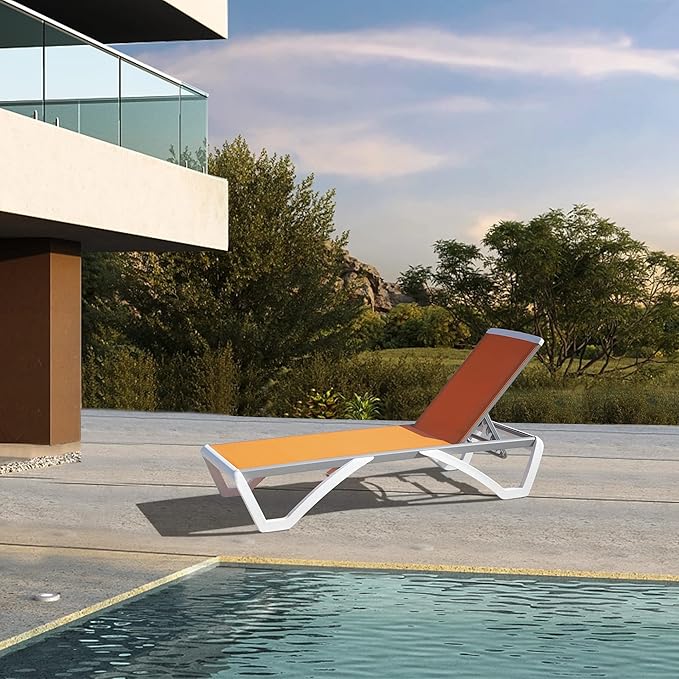 Domi Outdoor Lounge Chair, Aluminum Lounge Chair for Outside with 5 Position Adjustable Backrest, Outdoor Chaise Lounge for Beach, Yard, Balcony, Poolside(1 Orange Chair W/O Table)