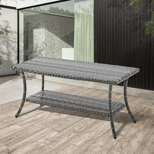 Rilyson Patio Tables Outdoor Coffee Table - Wicker Rattan Coffee Tables with 2-Tier Storage Shelf Side Table for Porch Deck Balcony Garden Outside Rectangle Mixed Grey