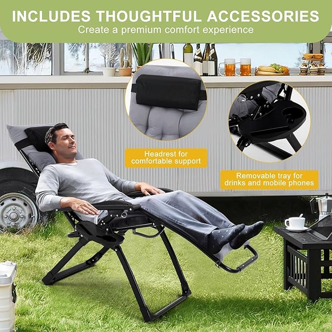 Zero Lounge Chair Supports 440 Lbs, Indoor/Outdoor Adjustable Folding Recliner with 33 Inch Seat, Removable Cup Holder & Headrest Grey