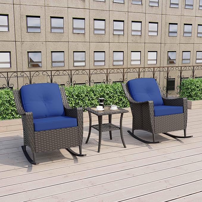 3 Pieces Patio Furniture Set, 2 High Back Rattan Rocking Chairs and Side Table, Outdoor PE Wicker Furniture Set, All Weather Patio Set with Waterproof Cushion for Porch and Deck