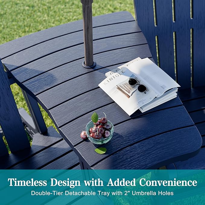 JY QAQA Outdoor Adirondack Chair Set of 2 with Detachable Table & Ottoman, All-Weather HDPE Patio Furniture with Wood Texture & Cup Holder for Patio, Poolside, Garden, Dark Blue