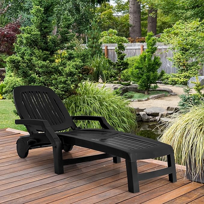 Tangkula Outdoor Chaise Lounge Chair, 5-Position Adjustable Recliner with Storage Box and Flexible Wheels, All-Weather Folding Patio Lounge Chair for Poolside, Beach and Backyard (2, Black)
