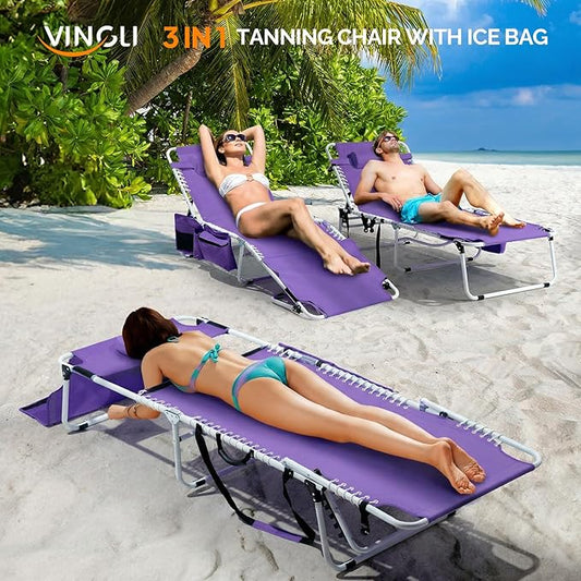 VINGLI Oversized Tanning Chair with Face Hole & Carrying Bag, Beach Lounge Chair Outdoor for Adults, Folding Lounge Chair for Sun Tanning, laying Out Chairs for Tanning Lounger Outside, 475lbs, Purple